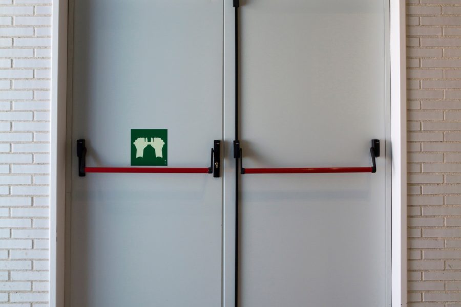 fire door with red panic hardware