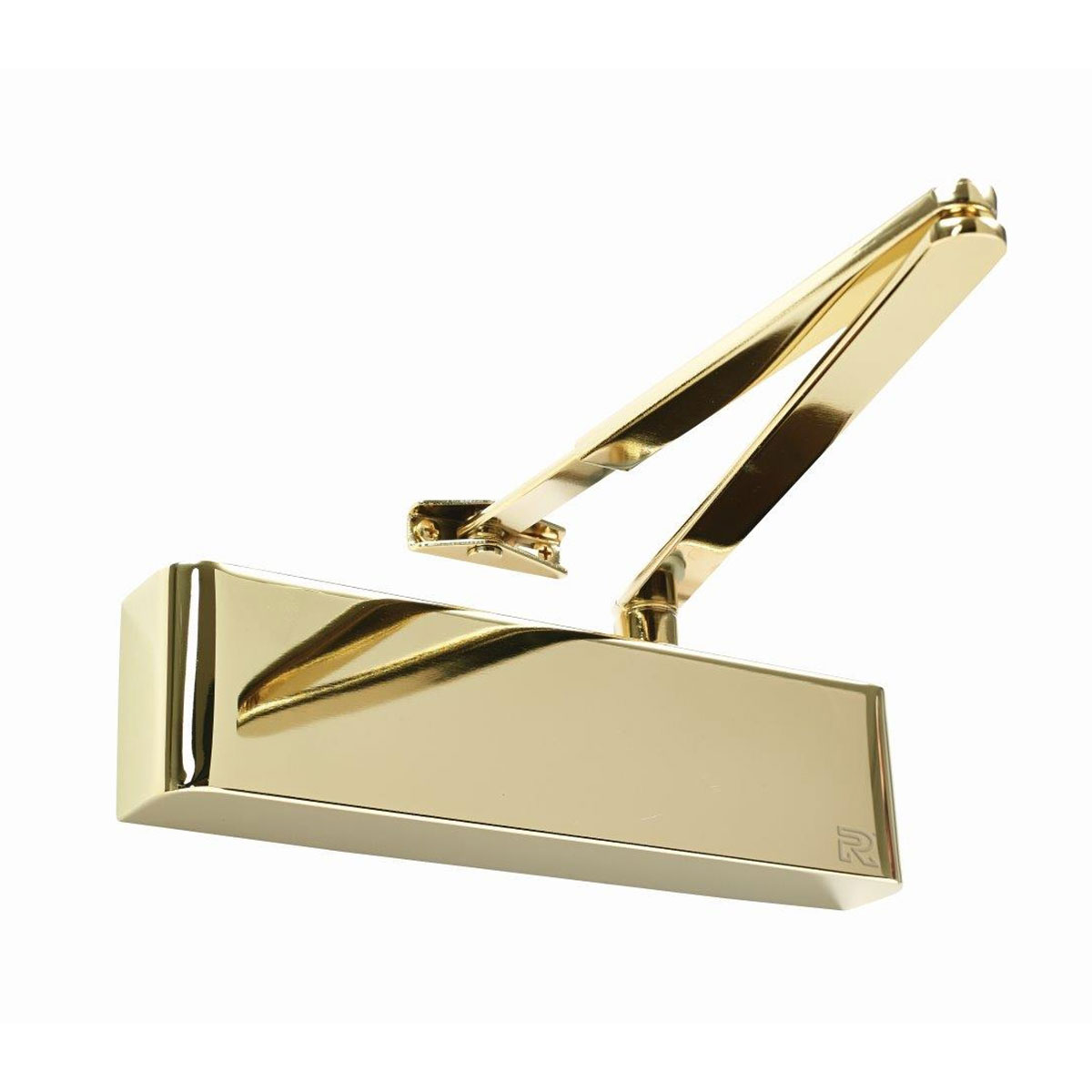 Rutland polished brass fire door closer with logo