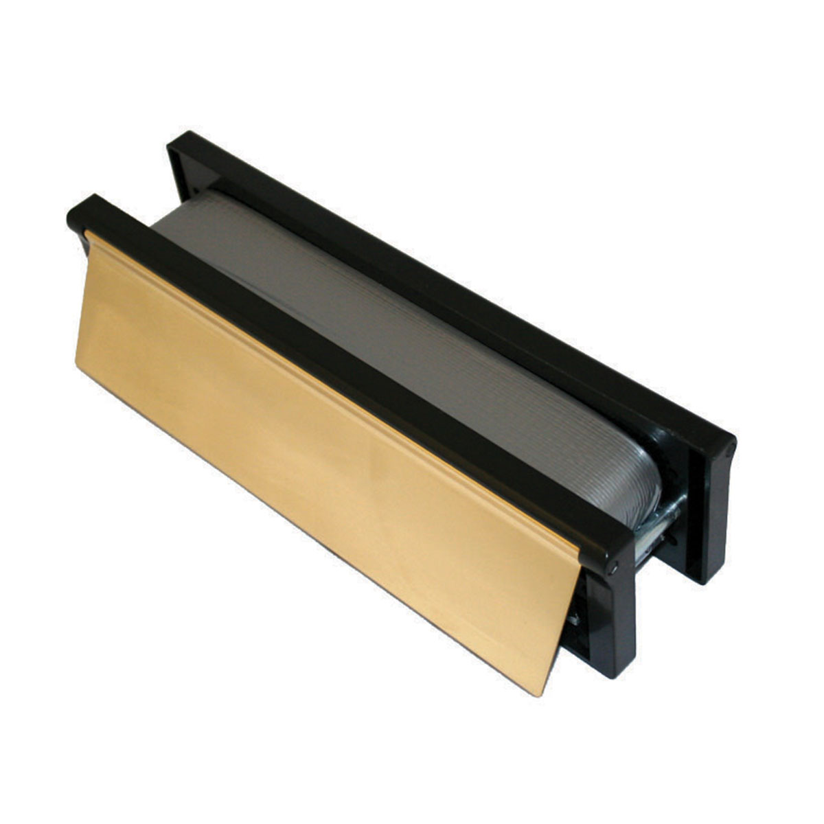 Polished gold intumescent letterbox with black frame
