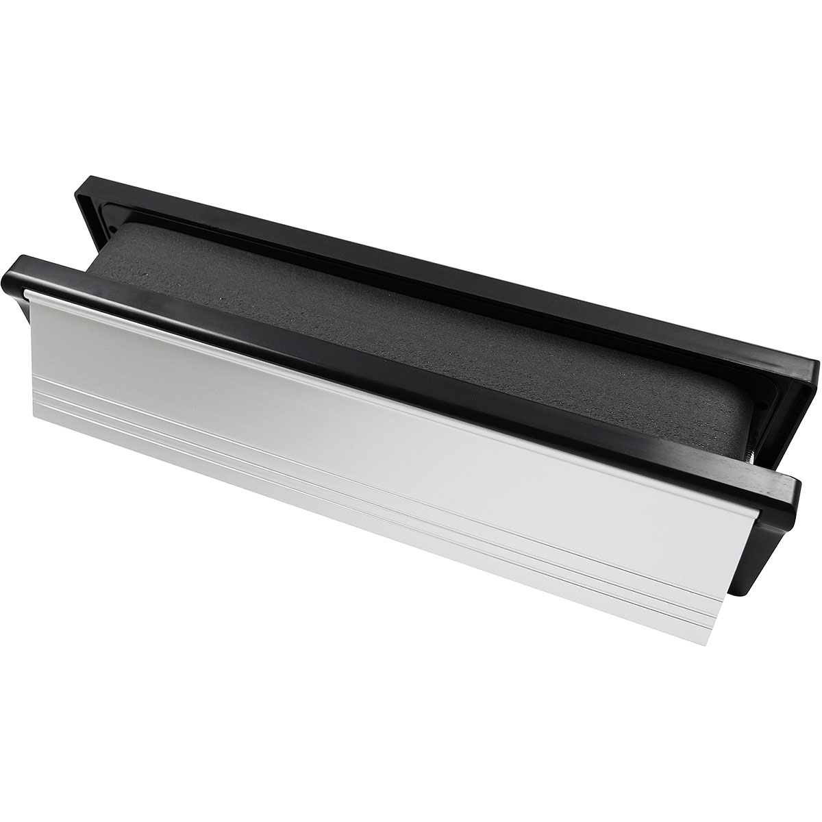 Satin silver intumescent letterbox with black frame 12 inch