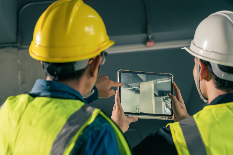 Advice Centre Featured Blog Header – Golden Thread Team architect working use BIM technology and digital construction application on digital tablet.